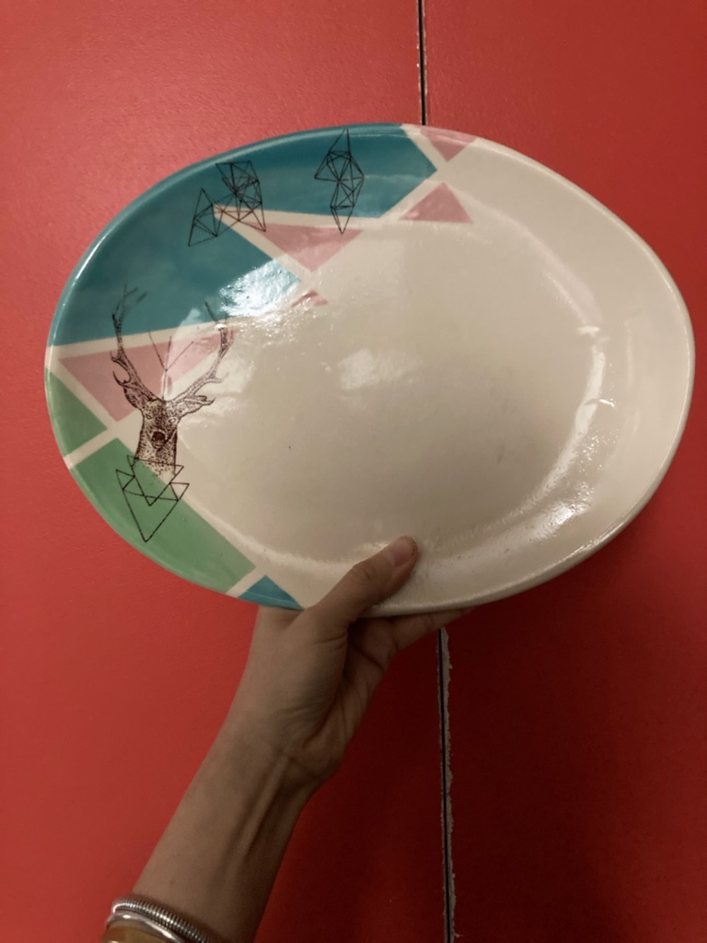 Geometric Deer Accent Ceramic Platter - Mint, Coral, Aqua